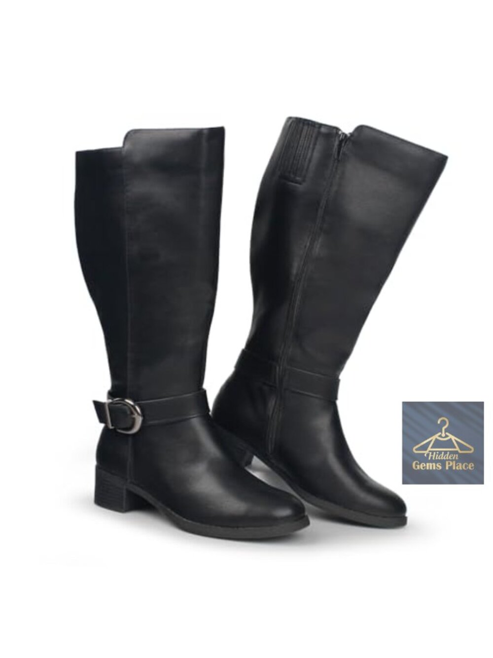 Extra Wide Calf Knee High Boots Low Block Heel Side Zip